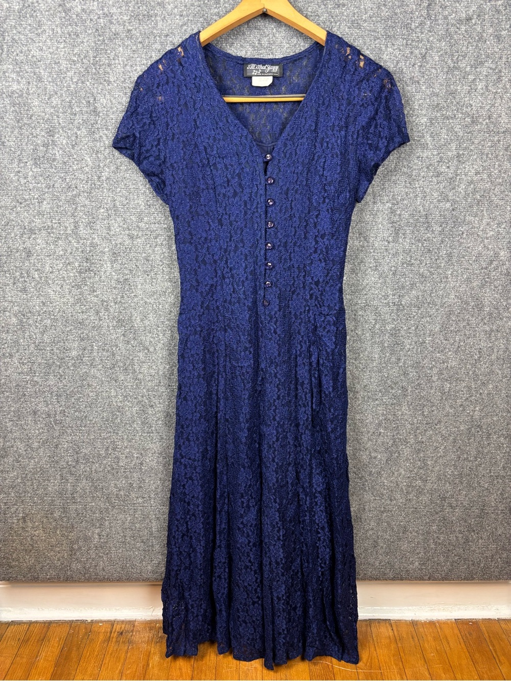 Navy Lace Button-Front Midi Dress